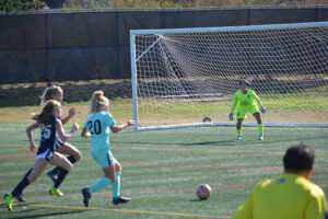 Evelyn Dickerson guarding the goal.
